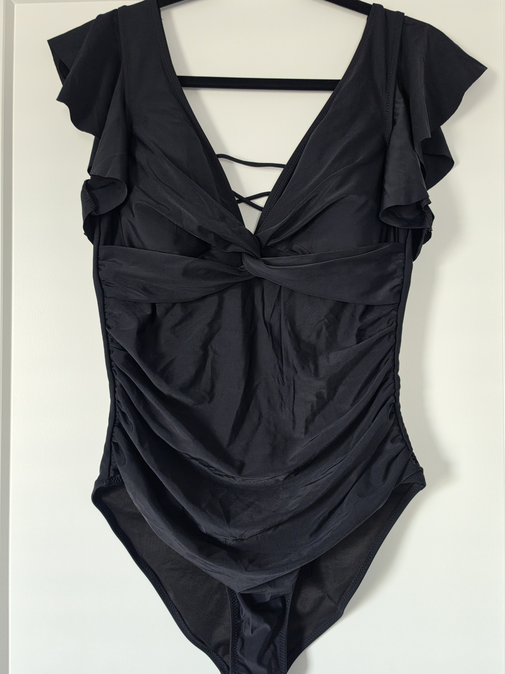 Black Twist-Front One-Piece Swimsuit with Ruffle Sleeves